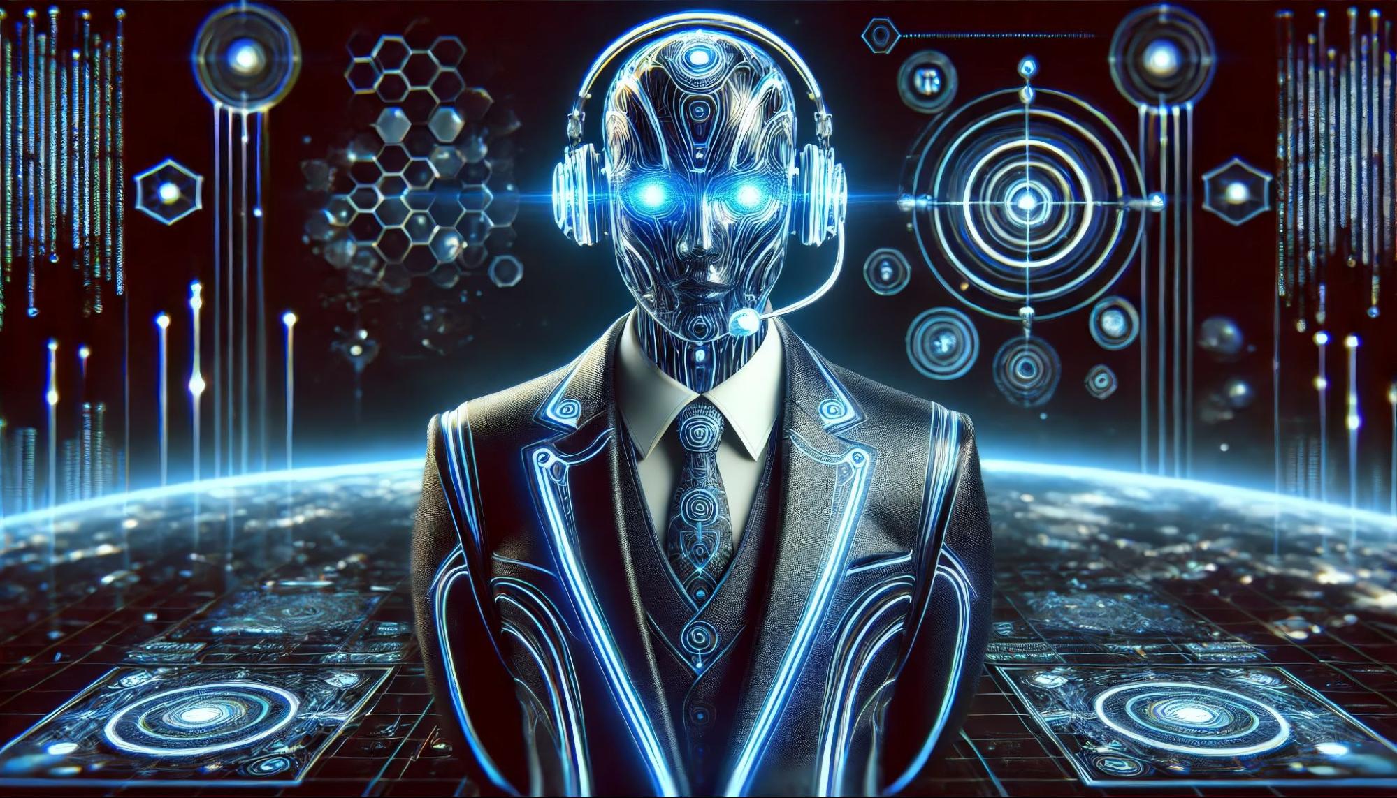 A futuristic, humanoid AI sales development representative, standing in front of a digital holographic data dashboard.