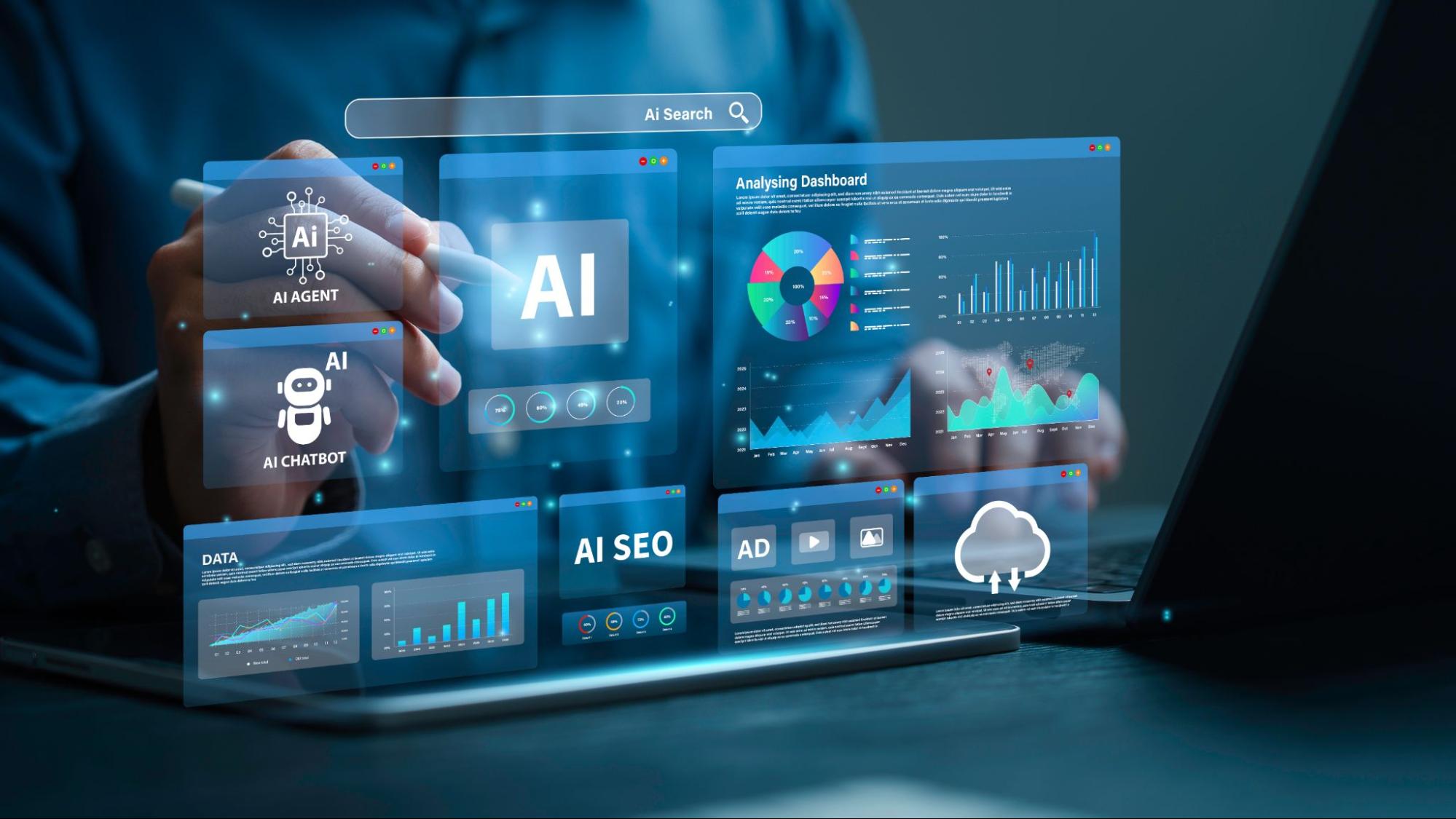 A marketing specialist using a stylus on a glowing translucent interface overlay displaying AI marketing automation features like AI Agents, chatbots, data analysis dashboards, and AI SEO metrics.